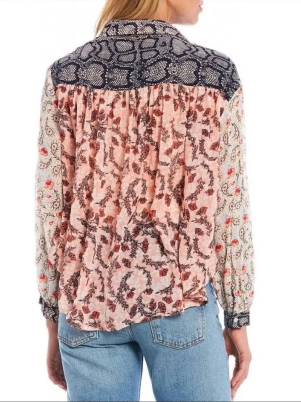Free People Split-Print Button Front Blouse in Cream and Coral